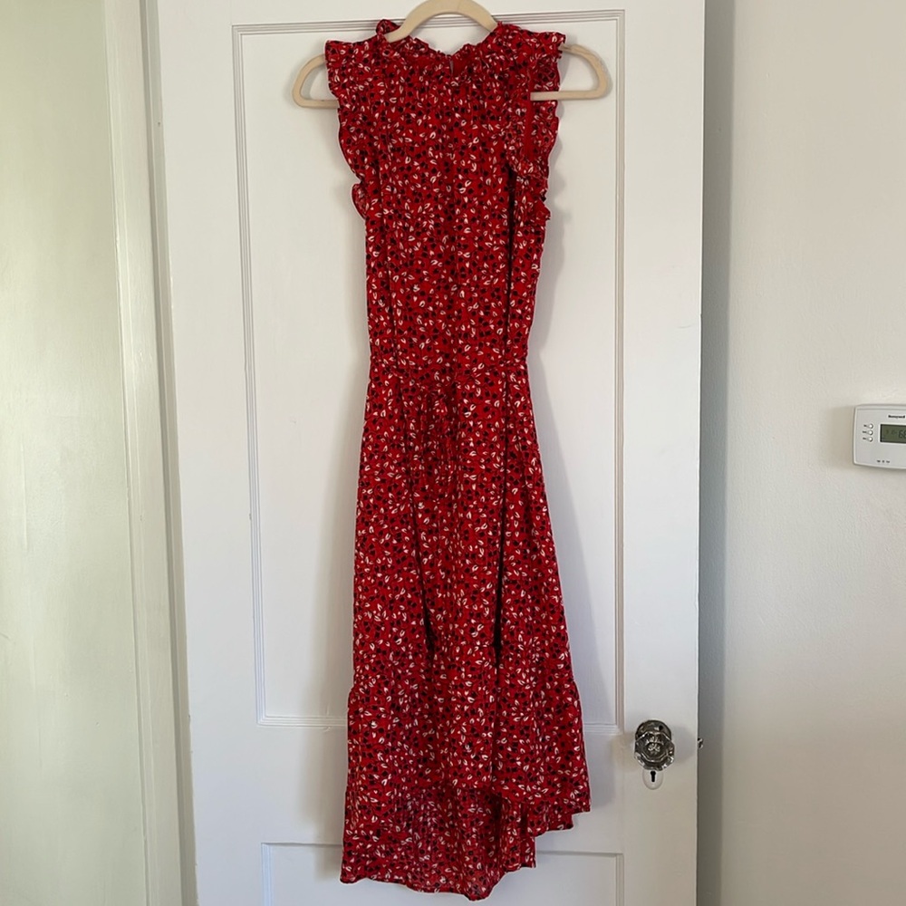 Red High Low Floral Dresss with waist tie